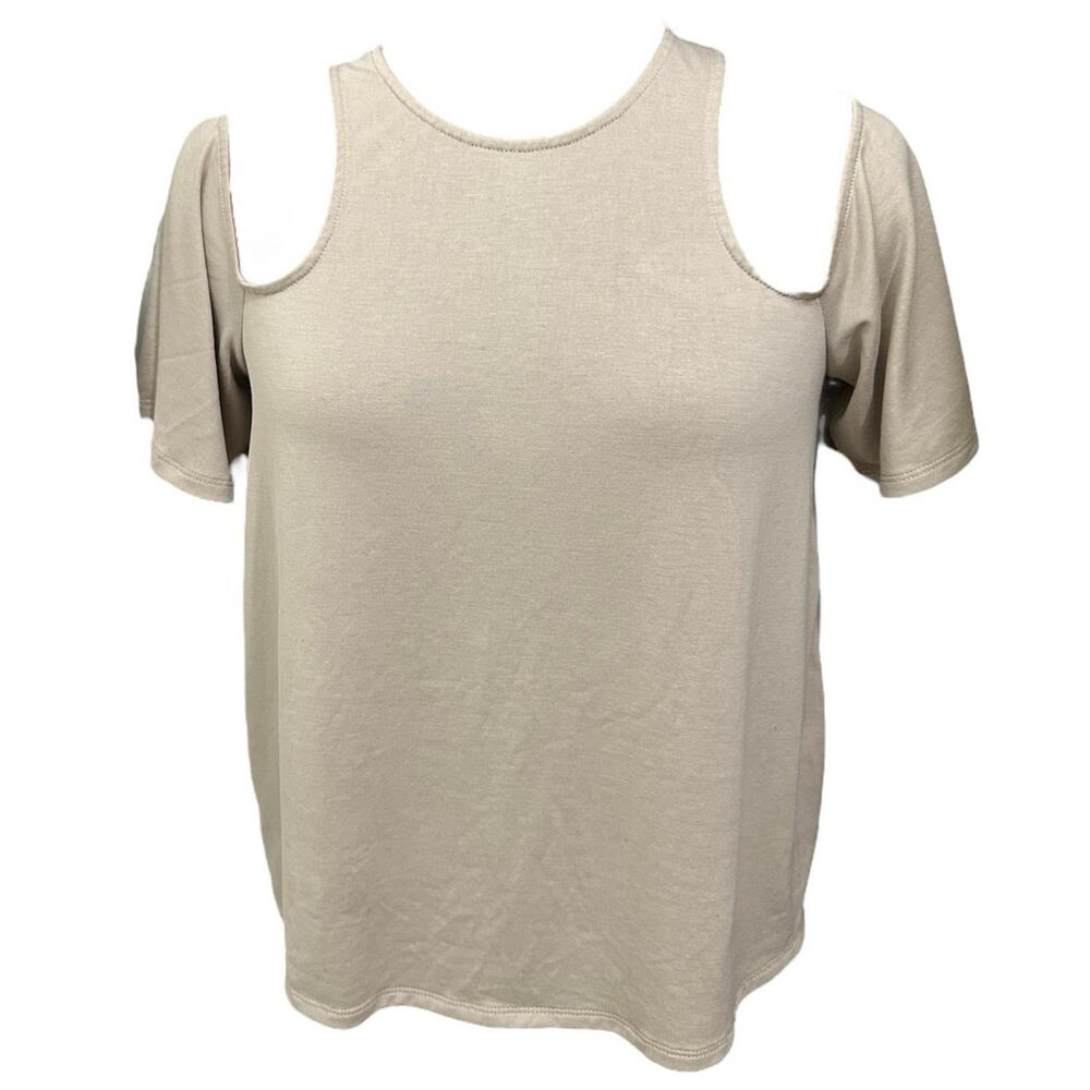 BCBGMaxAzria Kelsey Beige Cold Shoulder Cutout Relaxed Blouse S Peekaboo Top